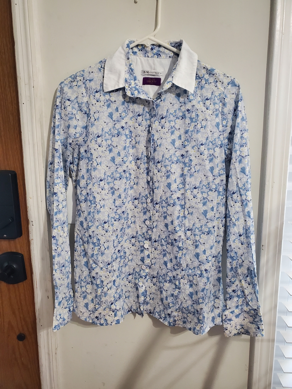 B.M. Company Liberty Fabric Floral Button Down Blouse Blue White Cottagecore